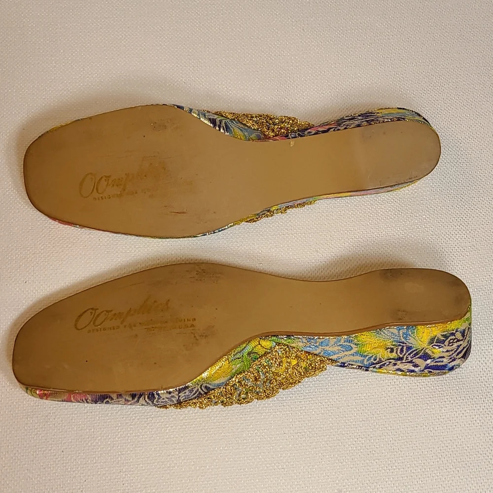 Vintage 1960's Oophies brocade slippers * gold multicolor * 7.5 N - Picture 10 of 11